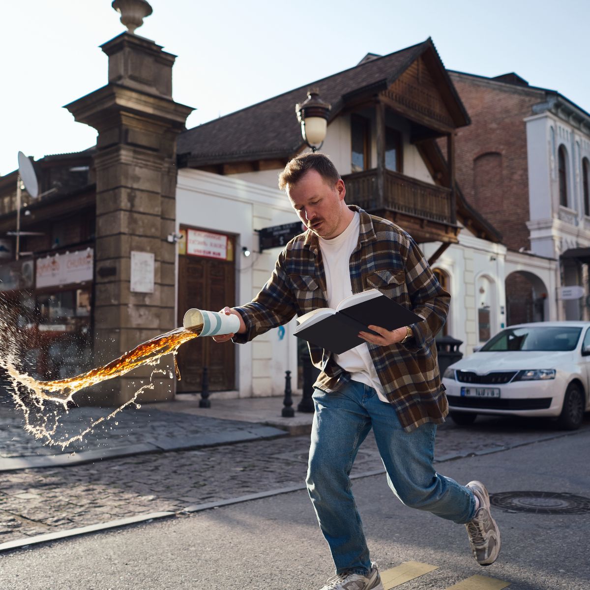 Anton Moser, läuft mit Buch durch die Stadt